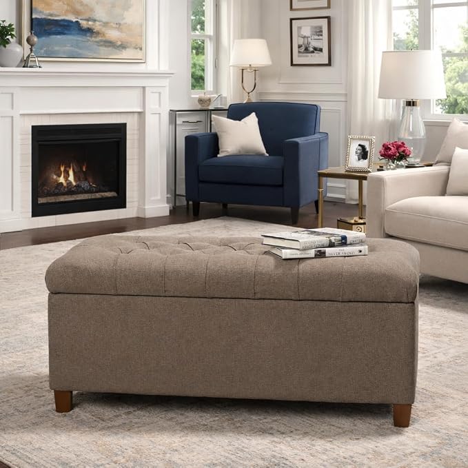 Homepop Home Decor | Tufted Ainsley Button Storage Ottoman Bench with Hinged Lid | Ottoman Bench with Storage for Living Room & Bedroom, Brown 18x40x18 inches