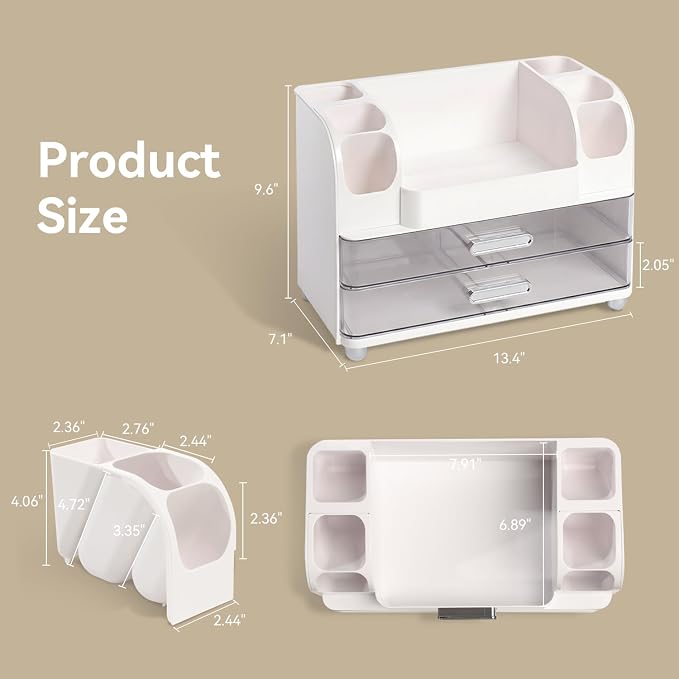Makeup Organizer for Vanity with 2 Large Drawers and 6 Brush Holders, White | Large-Capacity Makeup Holder Keeps Skincare and Cosmetics Organized and Easy to Reach on Vanity or Bathroom Counters