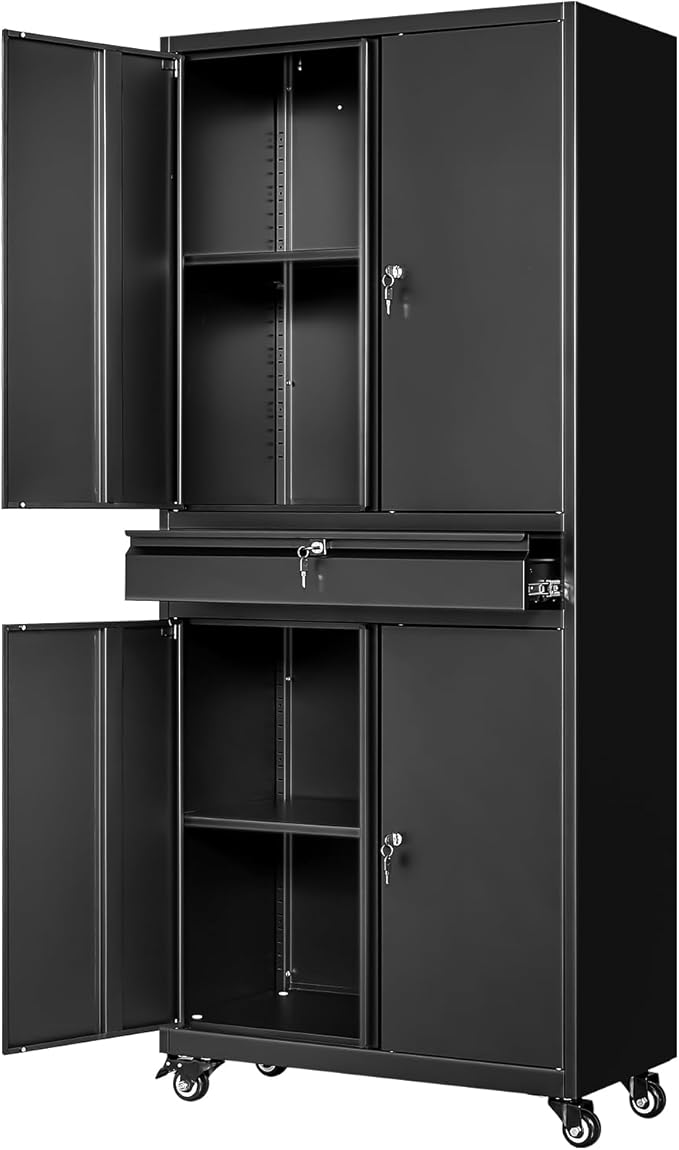 Black Metal Storage Cabinet with Wheels, 73" Tall Garage Rolling Storage Cabinets with Doors and Shelves, Lockable Tool Caninet Steel Locking Cabnets for Home Office, Garage, Pantry