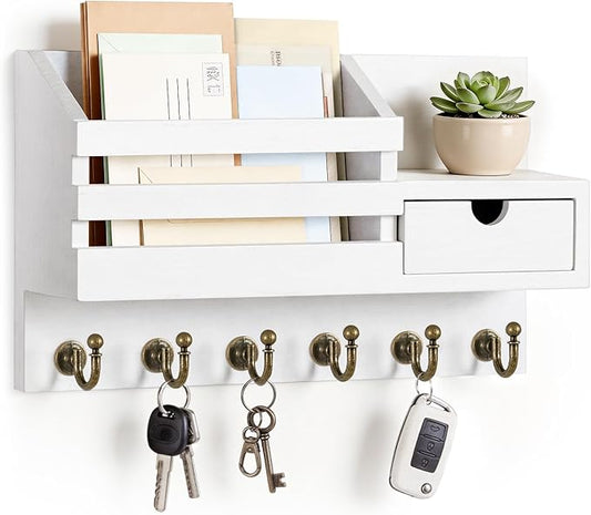 FifthQuarter Key Holder Wall Mount with Drawer and 6 Sturdy Hooks | Wooden Entryway Organizer and Decorative, Easy Installation