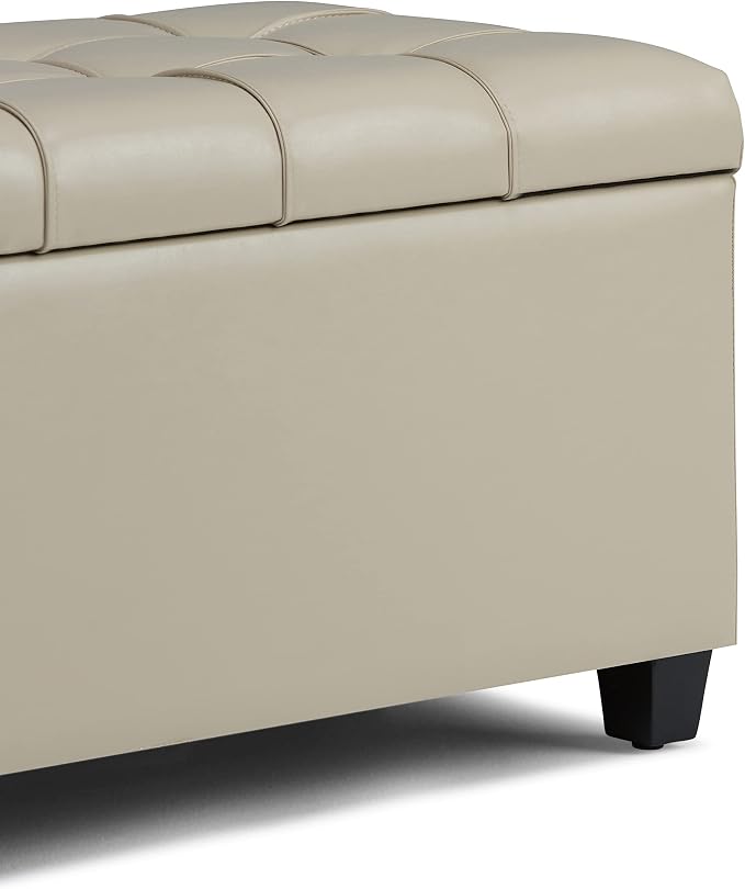 SIMPLIHOME Dover 36" Wide Vegan Leather Square Ottoman in Stone Grey | Transitional ottoman with tufting and lift-up lid; rectangle storage bench for living room or entryway.