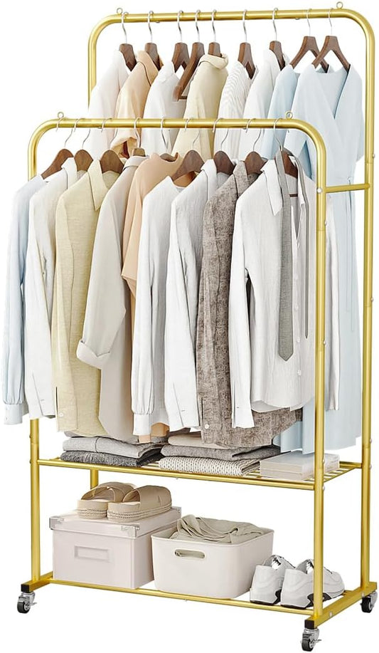 SUOERNUO Clothes Rack with Lockable Wheels Double Rods Metal Garment Racks | Portable Heavy-Duty Clothing Rack, Rolling Clothes Shelves for Bedroom Laundry Living Room, Gold