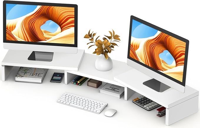 TAVR Dual Monitor Stand Riser, Wooden Computer Monitor Stand for 2 Monitors | Extra Long Multifunctional Desktop Organizer Riser for TV, PC Monitor, Laptop, Printer, Max 43.3" Length, White