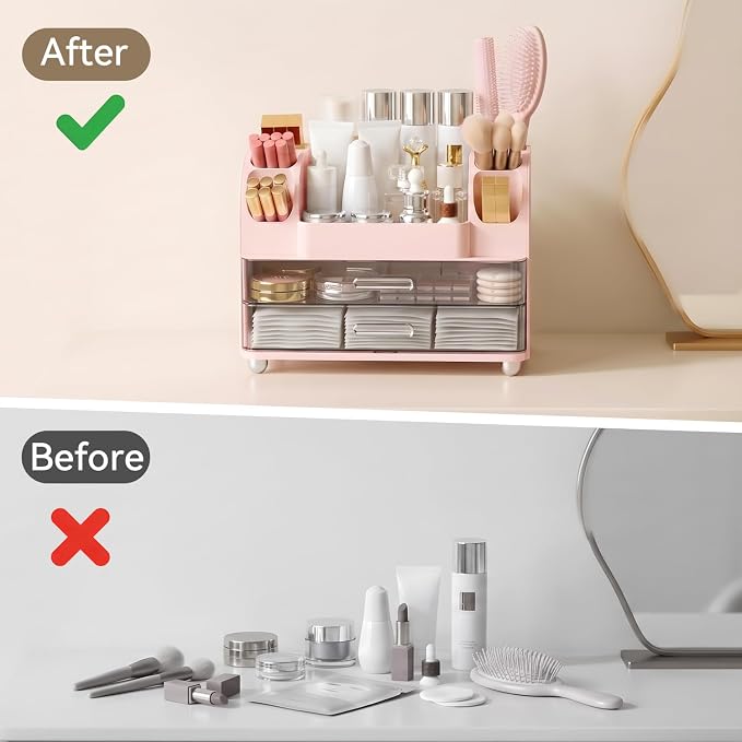 Makeup Organizer for Vanity with 2 Large Drawers and 6 Brush Holders, Pink | Large-Capacity Makeup Holder Keeps Skincare and Cosmetics Organized and Easy to Reach on Vanity or Bathroom Counters