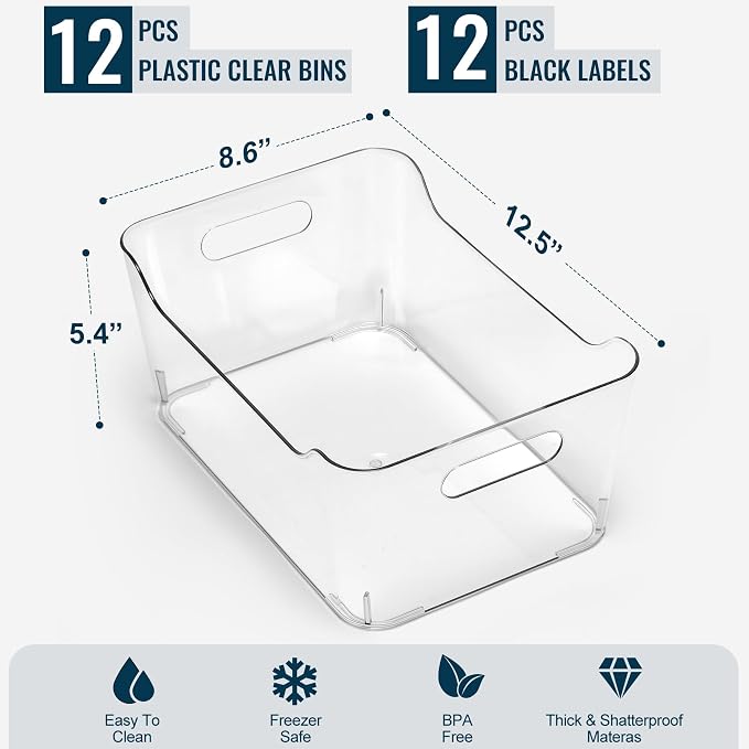 12 PACK Multi-Use Clear Plastic Storage Bins for Organizing w/ Labels - Home, Kitchen, Pantry, Bathroom, Office, Cabinet Shelf Organizer Bins - SOHO Collection, RV, Fridge Organization Containers -XL