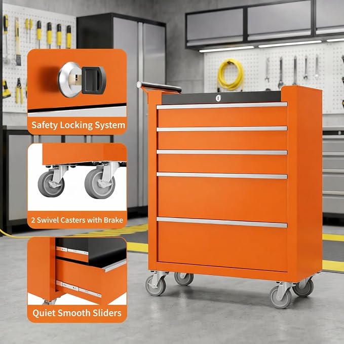 Garvee Rolling Tool Chest, 5 Drawers Tool Storage Cabinet, Toolbox with Wheels, Portable Tool Cabinet Organizer with Locking System & Drawer Liners, Tool Storage Cart for Garage, Workshop, Orange