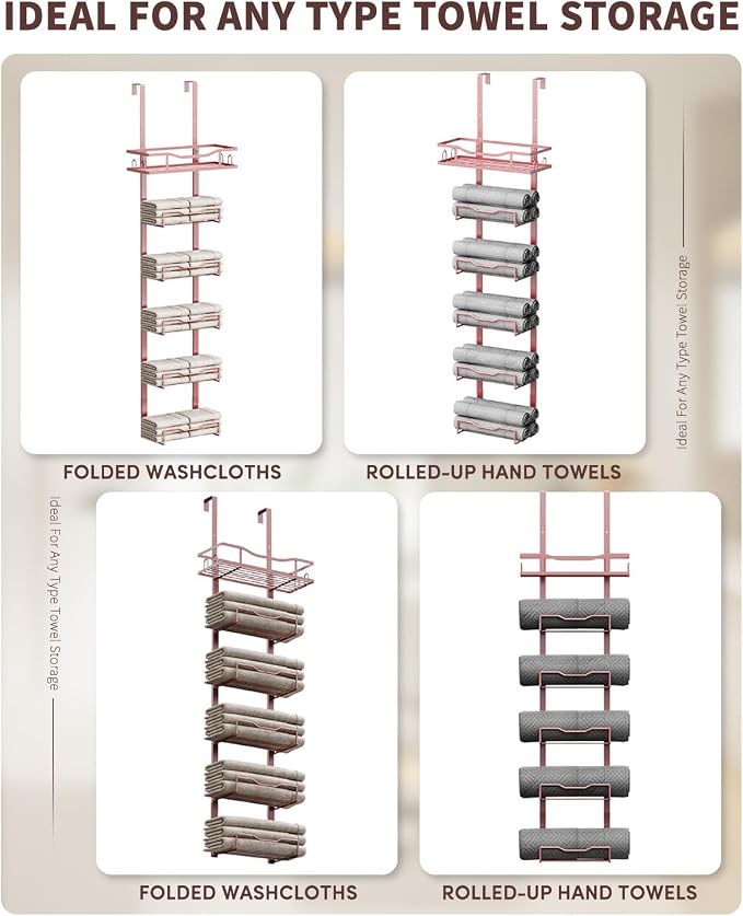 Aetyord Hanging Towel Racks for Bathroom Storage | 6-Tier Over The Door Bath Towel Storage Organizer with Metal Shelf Basket for Small Bathrooms RV Camper Rose Gold