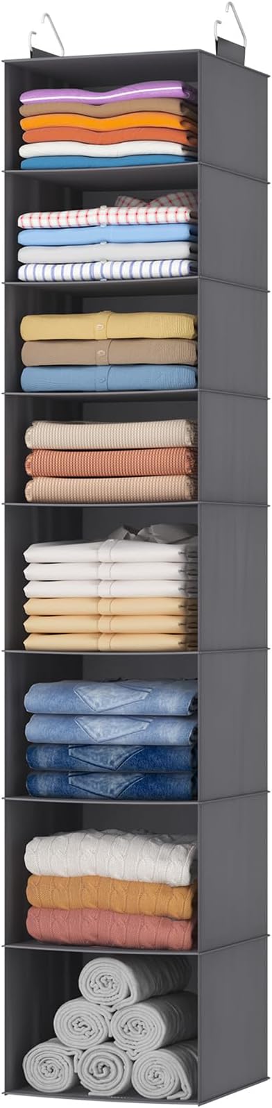 Lifewit 8 Tier Hanging Portable Closet Storage Organizer for Shelves, Black | Foldable Clothes Shelf with 2 Sturdy Hooks, Sweater/Coat/Shoes Clothing Organization for Wardrobe, Dorm, Bedroom