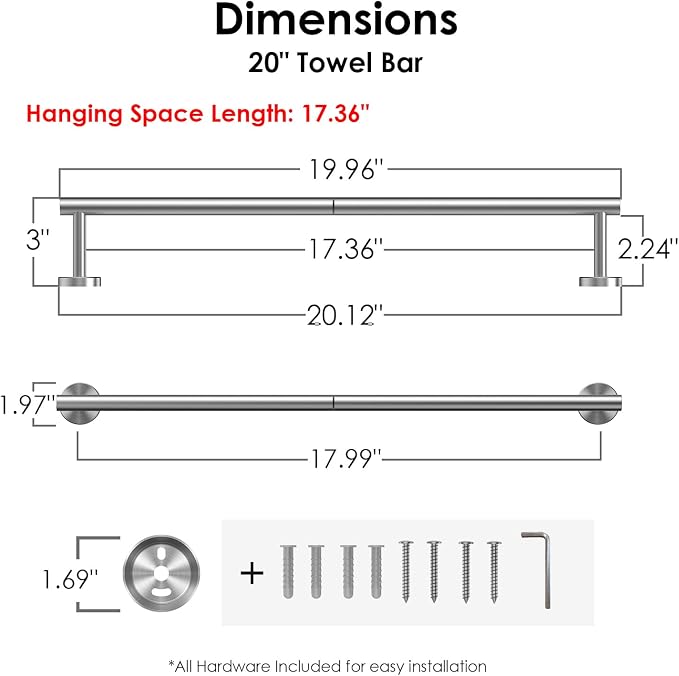 FORIOUS Towel Bar 18" Towel Racks for Bathroom Wall Mounted Brushed Nickel | Total Length 20 Inch, Rustproof, Stainless Steel Towel Holder, Wall Mounted for Bathroom Bedroom, Heavy Duty, Space Saving