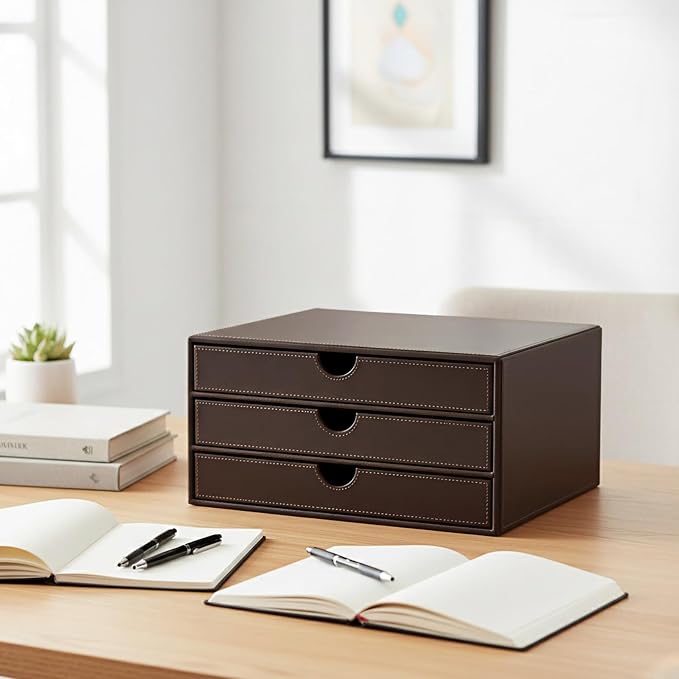 UnionBasic Leather Desktop Drawer Organizer, File Cabinet Magazine Document Holder, Office Supplies Desk Storage Organizer Box, 3 Drawer, Coffee