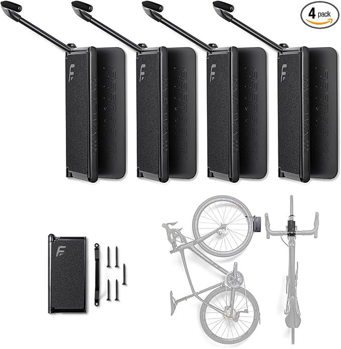 Feedback Sports Velo Hinge 2.0 Pivoting Swivel Bike Wall Mount, 4 Pack | Four wall mounts maximize vertical bike storage; pivoting hooks help organize garages, shops and shared spaces