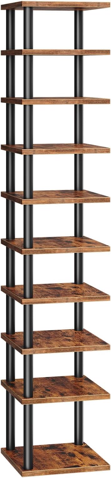 HOOBRO Vertical Shoe Rack, 10-Tier Narrow Shoe Shelf, Shoe Storage Organizer for Small Space, 11" L x 11" W x 68" H, Closet, Entryway, Hallway, Bedroom, Rustic Brown and Black BF32XJ01