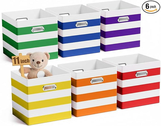 CroBlissful 11 Inch 6 Pack Fabric Storage Cubes with Metal Handles, Back to School Collapsible Organizer Bins for Classroom, Closet, Student Room, Toys and School Supplies (Dark Color)