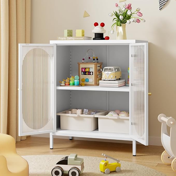 2 Translucent Door Metal Accent Storage Cabinet for Home, Living Room,Office Room,Kitchen-Metal Locker Cabinet with 1 Adjustable Shelves-2-Tier (White)