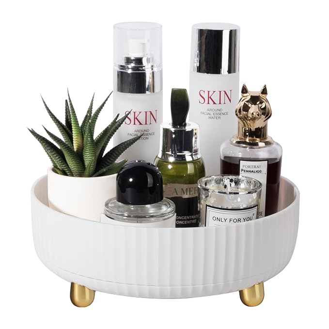 360 Rotating Makeup Perfume Organizer Skincare Tray, Small Ivory White | 360 Degree Spinning Lazy Susan Organizer Lotion Cosmetics Storage for Dresser, Vanity, Bathroom Countertop