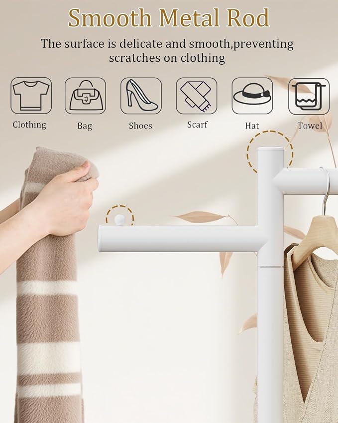 Z-Shaped Metal Clothing Racks,Freestanding Coat Tree,68.9in,White | Coat Racks with Strong Load-Bearing Capacity, Clothes Hanger Stand with Natural Rock Base, Suitable for Outerwear,Handbags