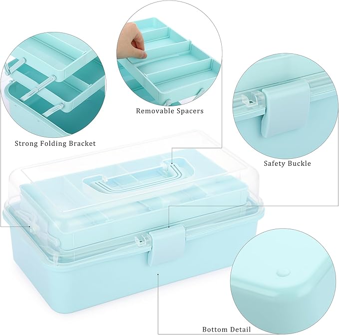 BTSKY 3-Layer Plastic Dividing Storage Box Craft Organizer and Storage | Portable Handled Art Supply Organizer with Adjustable Spacers Multipurpose Home Utility Box for Medicine Sewing(Blue)