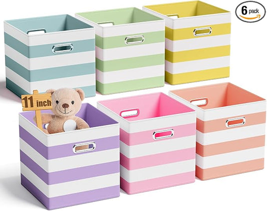 CroBlissful 11 Inch 6 Pack Fabric Storage Cubes with Metal Handles, Back to School Collapsible Organizer Bins for Classroom, Closet, Student Room, Toys and School Supplies (Macaron Color)