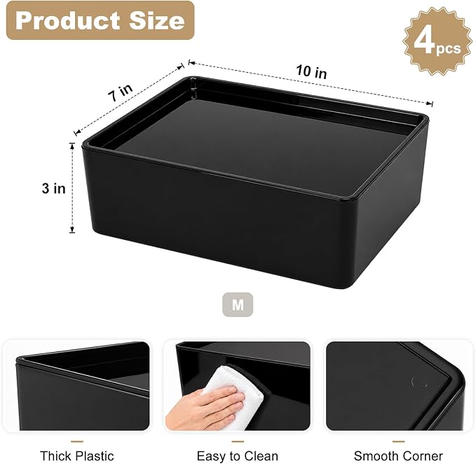 Soddeph 4 Pack Thick Plastic Storage Box with Lid, Durable Stackable Storage Bins, Hard Plastic Organizer Baskets for Home Office,Storage Containers.10.2" x 7" x 3.1" (Black with Lid)