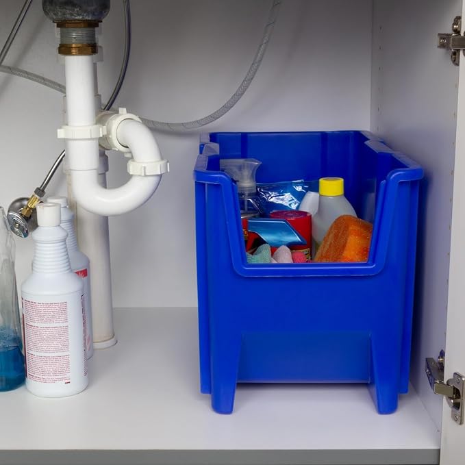 Akro-Mils 13014 Stak-N-Store Stackable Storage Bins, Heavy Duty Garage Storage Containers, Open Front Plastic Organizer for Tools, Shelves, Closet Organizer, 17-/12" x 11" x 12-1/2", Blue, 4-Pack
