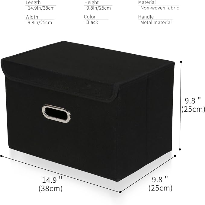 Fabric Foldable Collapsible Storage Cube Bin Organizer Basket with Lid, Handles, Removable Divider for Home, Closet (Black, 3Pcs)