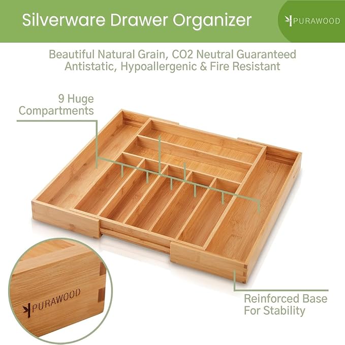 Purawood Bamboo Drawer Organizer, 2 Pack - Expandable Silverware Organizer & Utensil Organizer, Cutlery Tray with Dividers, 7-9 Slots- Premium Kitchen Organizer for Utensils & Flatware (Natural)