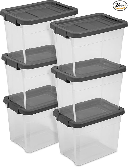 Sterilite Modular Stacker Box with Latching Lid, 30 Quart, 24-Pack | Clear Plastic Storage Bins - Stackable Organizing Container Boxes for Closet, Bathroom, and Office