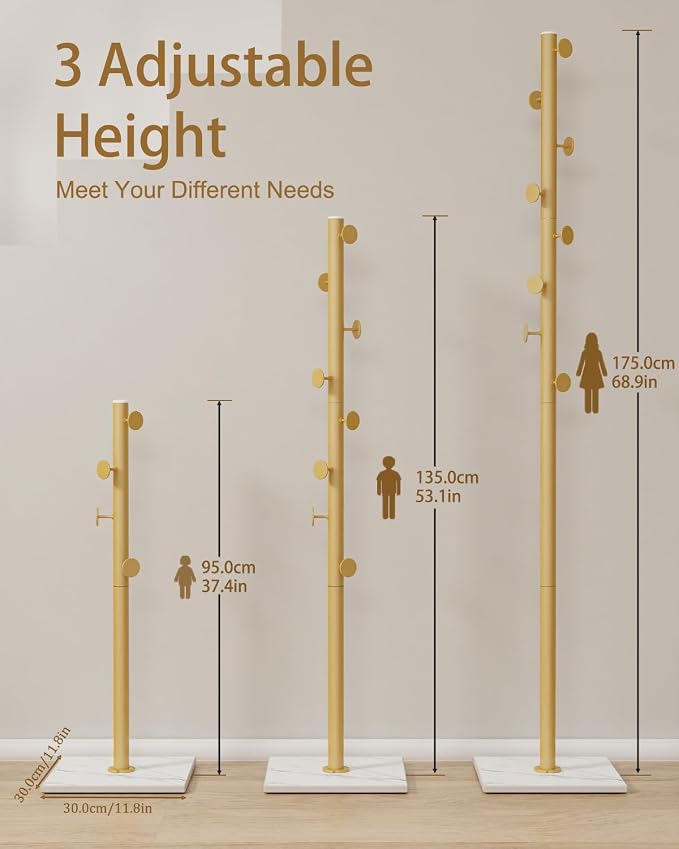 Clothes Rack Freestanding, Coat Stand with 8 Hooks, Gold | Small Garment Rack with Heavy Rock Slab Base, Modern Metal Clothing Rack for Hanging Clothes with 8 Hooks for Bedroom, Office