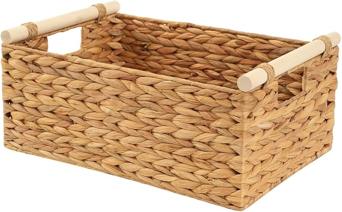 Woven Storage Basket, Small Wicker Organizer, 11.6x8.1x4.9 | 11.6x8.1x4.9" small natural woven basket with handles; compact wicker organizer for shelves, pantry, bathroom and gifting.