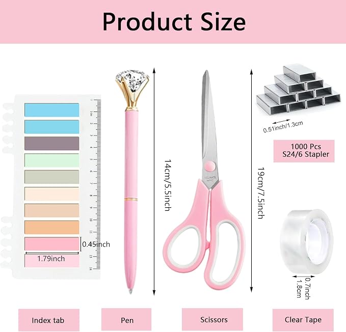 Office Supplies,Pink Desk Accessories,Office Supplies Set,Desk Organizer,Stapler,Tape Dispenser,Scissors,Staple Remover,Binder Clips,Staples,Ballpoint Pen,Index Tabs with Ruler,Clear Tape.10pcs