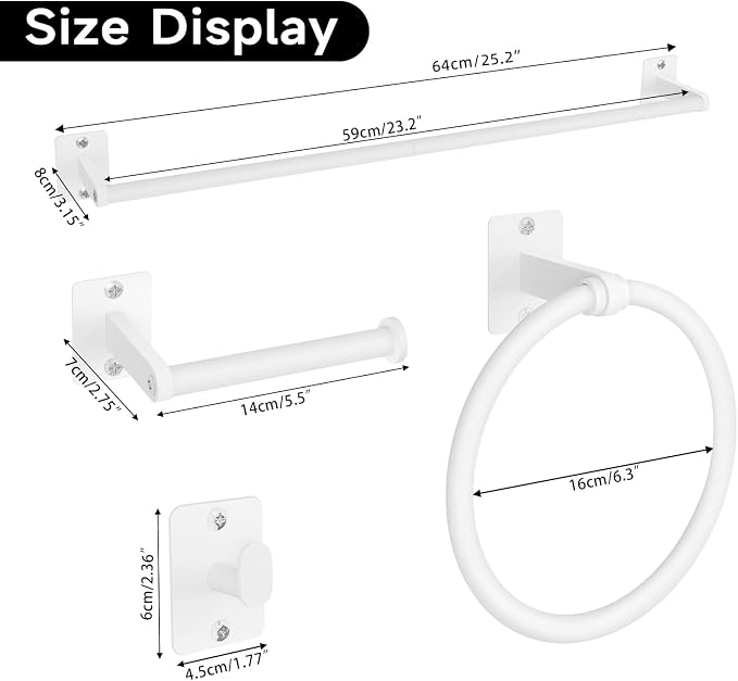 KLJKPA Bathroom Accessories Set, 4-Piece White Bathroom Hardware Set | 24 inch Towel Bar, Towel Racks for Bathroom, Robe Towel Hooks, Toilet Paper Holder Wall Mounted