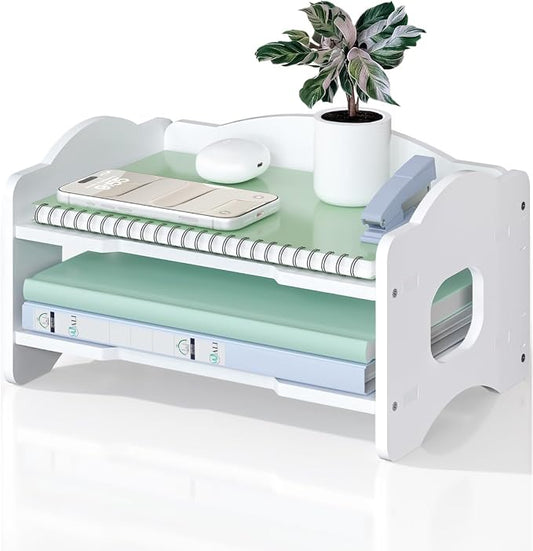 WALI Desk File Organizer, 2 Tier Stackable Desktop Paper Letter Tray Organizer with Handle, Office Desk Accessories & Workspace Organizers for Office, Home, School Supplies, 1 Pack, White