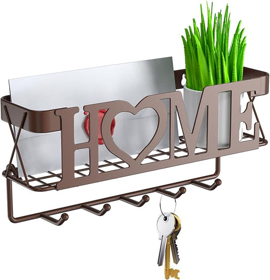 Key Holder Wall Mount - Adhesive Key Holder with 5 Hooks, Key Rack and Mail Organizer, Metal Basket Key Hanger for Entryway, Home, Living Room Decor, 11" L×2.8" W×4.9''H(Bronze)