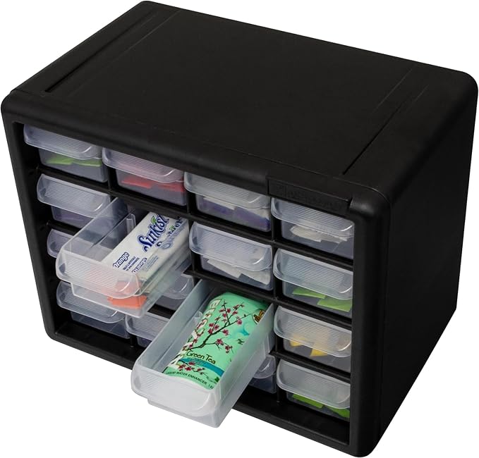 Akro-Mils 16-Drawer Plastic Storage Cabinet, 10.5"W x 6.5"D x 8.5"H, Black | Plastic Cabinet w/ Drawers for Garage Organization, Beads, Makeup Organizer, Building Bricks Storage, Teacher Toolbox, 10116