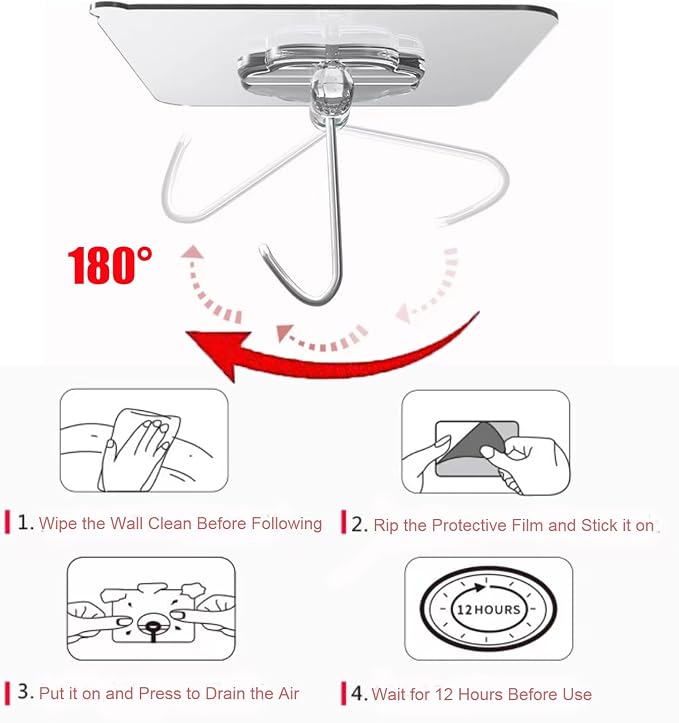 DDMY Adhesive Wall Hooks Clear 50lb(Max) Heavy Duty Hanging Sticky-10 Pack | Heavy Duty Hooks for Walls Hanging 50 lbs No Damage, Waterproof Sticky Transparent Ceiling Hook for Towel/Kitchen/Outdoor