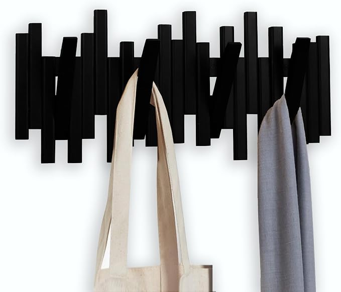 MinBoo Bamboo Multi Hook Coat Rack -Decorative Hooks for Wall Modern, Unique, Space-Saving Coat Hanger with 4 Flip-Down Hook for Hanging Coats, Christmas Decorations Wall Hooks for Hanging,Black