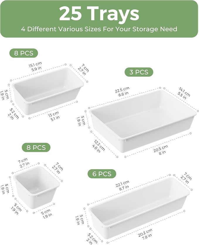 BiuLeon 25 PCS Plastic Drawer Organizers Set, 4-Sizes Vanity and Makeup Organizer, Desk and bathroom Drawer Organizer Trays, Organizers and Storage for Makeup, Jewelry, Gadgets, Utensils (White)