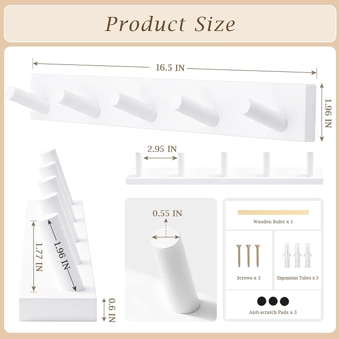 Coat Rack Wall Mount, Wooden Coat Hanger, White, 1 Pcs | Heavy Duty, 5 Sturdy Rounded Hooks, Bamboo Wood Material, for Entryway, Doorway, Living Room, Kid's room, Living Room, Closet