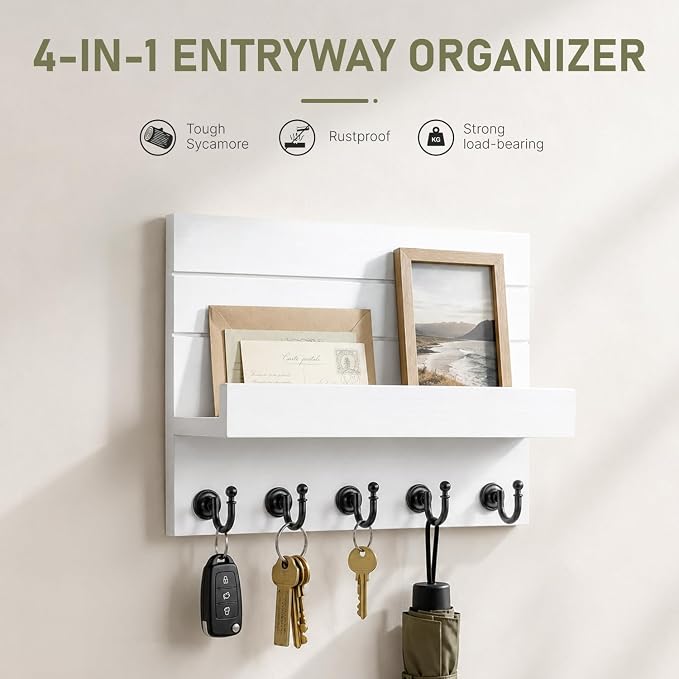 HONJIN Key Holder Wall Mount with Shelf and 5 Sturdy Key Hooks (White) | Key and Mail Holder Wall Mount, Wooden Entryway Organizer and Decorative, Easy Installation, 10*3.8*6.85 Inch