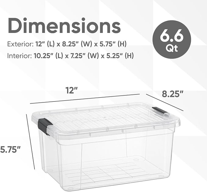Superio Small Clear Storage Box with Lid, 6.6 Quart Plastic Container Bins for Organizing, Stackable Crates, BPA Free, Non Toxic, Odor Free, Organizers for Home, Office, School, and Dorm