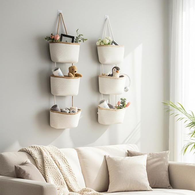 TeoKJ Over the Door Hanging Basket, 3-Tier Woven Cotton Wall-Mounted Storage Organizer Bag Decorative Hanging Nursery Baskets, White & Light Brown