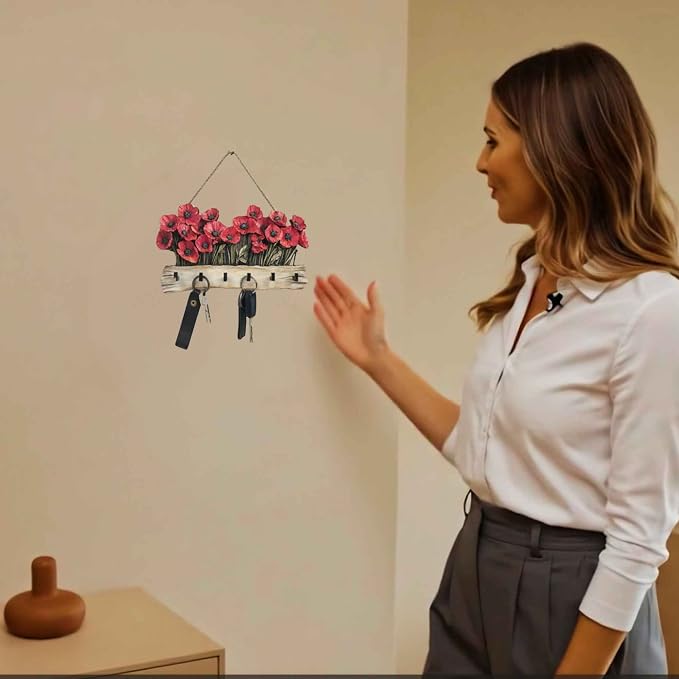 Oak & Hearth Wooden Key Holder for Wall – Rustic Poppy Flower Key Rack with 6 Hooks – Farmhouse Entryway Organizer & Wall Decor