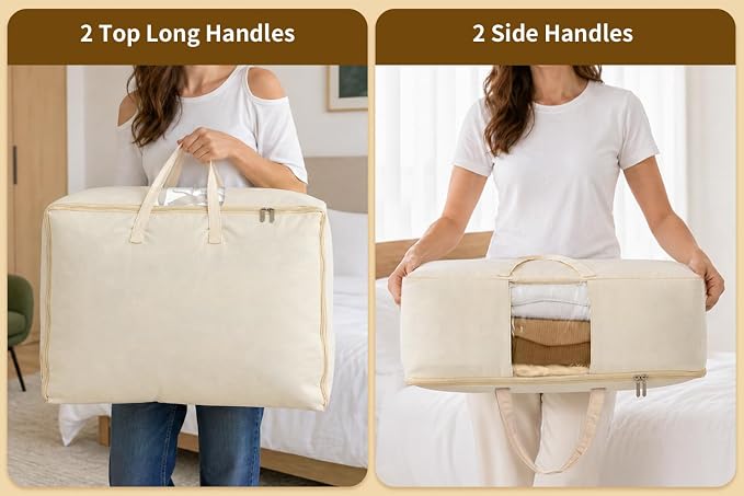 Soft Canvas Storage Bags for Comforters, Blankets, Beddings, Quilt, Clothes | King/Queen Comforter Organizer, Cotton Canvas, 3 Pack, 4 Handles & 2 Clear Windows, Reinforced Zippers, 25x19x9in