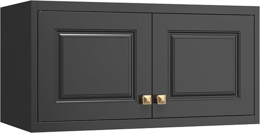 32" Wall Storage Cabinet with 2 Doors & Gold Handle | Black Metal, Hanging Design, for Bathroom, Kitchen, Rust-Resistant, Anti-Tip, Easy Assembly, Hardware Included
