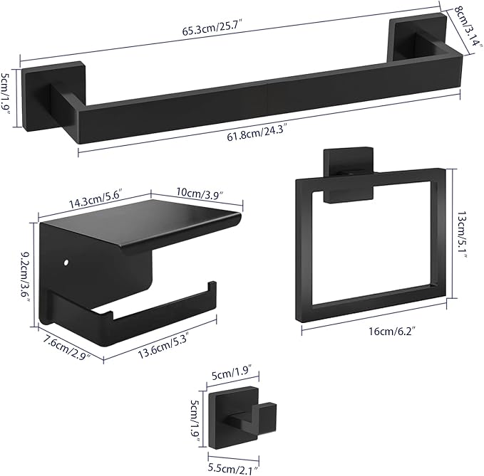 10-Pieces 24 Inch Stainless Steel Matte Black Bathroom Hardware Set | Towel Bar Set with Toilet Paper Holder with Shelf, Bathroom Accessories Set Wall Mounted, Towel Rack Set for Organize