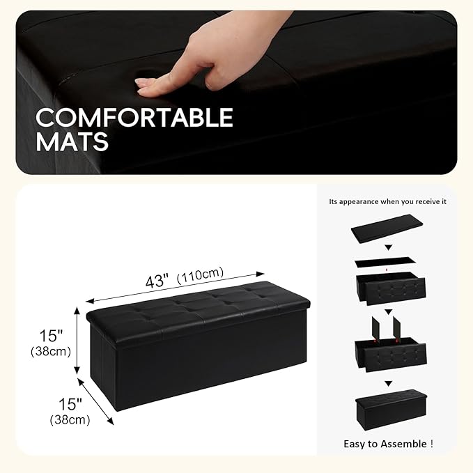 PINPLUS Folding Storage Ottoman Bench, Black Faux Leather Long Ottoman Chest, Footrest Seat, Blanket Storage for Living Room Bedroom Office Hallway, 43.3"x15"x15"