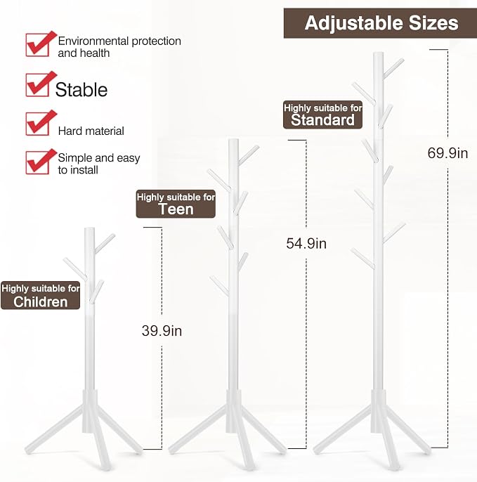 WANGMUXIA Freestanding Coat Rack | Coat Rack with 8 Hooks and 3 Adjustable Size Tree for Bedroom, Hallway, Entrance, Office, for Hats, Coats, Scarves, Handbags