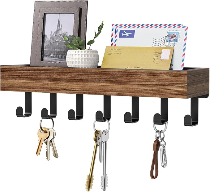 Key Holder Wall Mount Magnetic Adhesive - Key Hooks Rack with shelf | Key Hanger with Mail Organizer for RV Camper Fridge Living Room Decor, Home Essentials, Large Rustic
