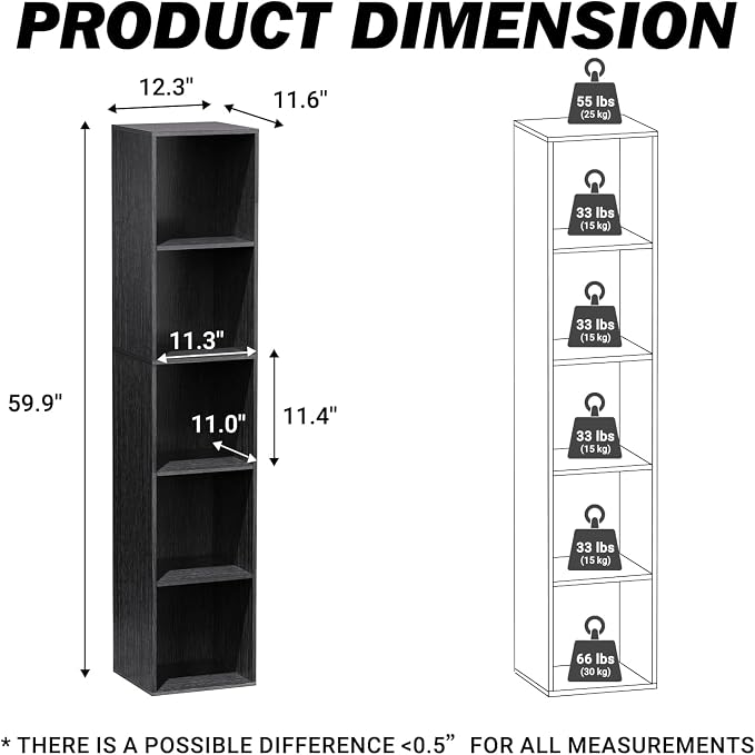 5 Cube Storage Organizer, Narrow Open Shelf Bookcase, Freestanding Low Display Bookshelf with Eco-Friendly Melamine Surface for Home Office, Bedroom, Living Room, Study, Black
