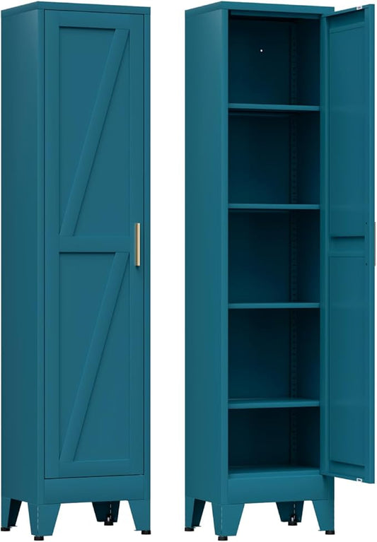 COFaR 67'' Tall Slim Bathroom Storage Cabinet, Metal Narrow Pantry Cabinet with 4 Adjustable Shelves and One Door, Skinny Cabinet Storage for Kitchen Laundry, Peacock Blue Farmhouse 5 Tiers